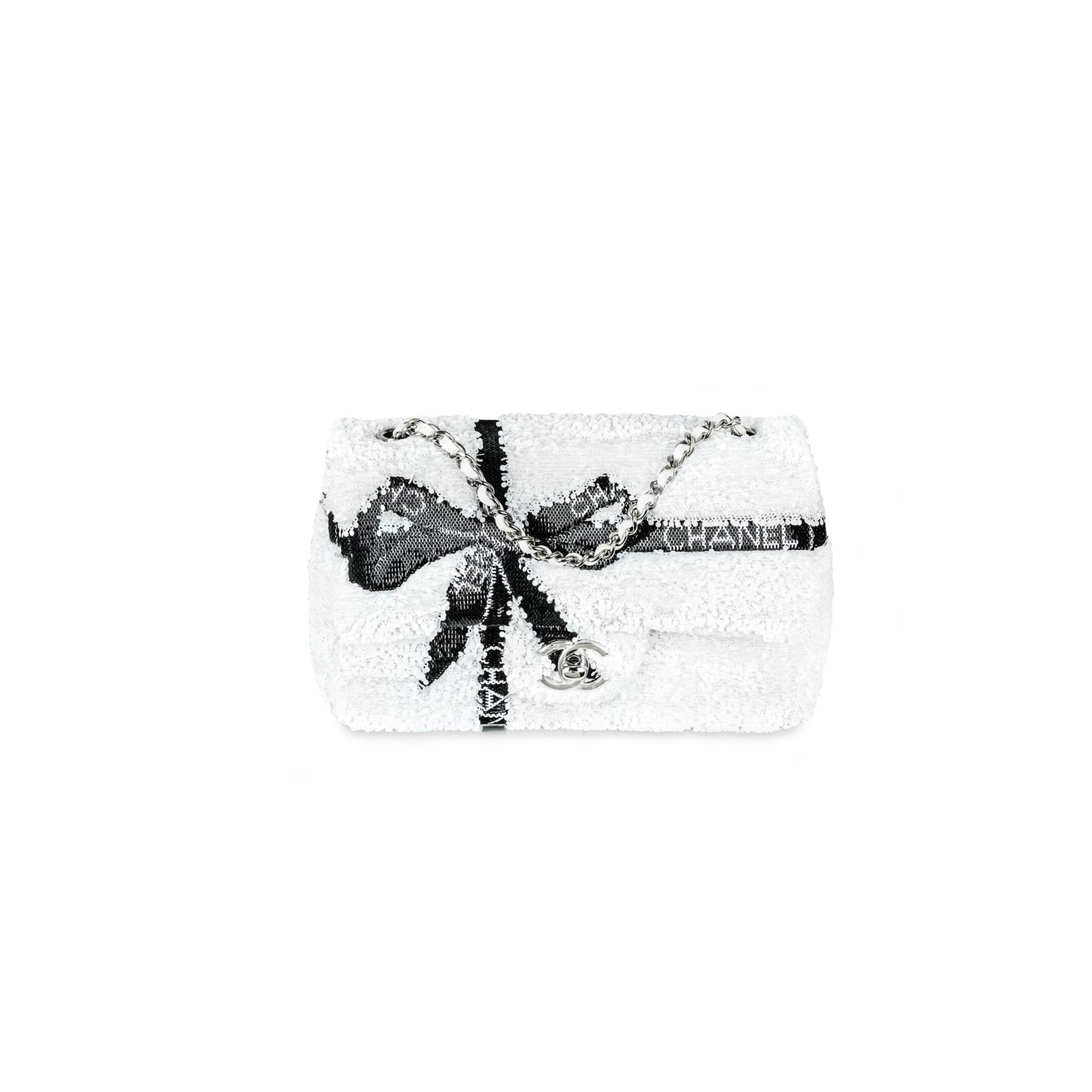 CHANEL MASTER 24B WHITE & BLACK SEQUIN BOW MINI FLAP SILVER HARDWARE BAG AS2090 (20*13*6cm)